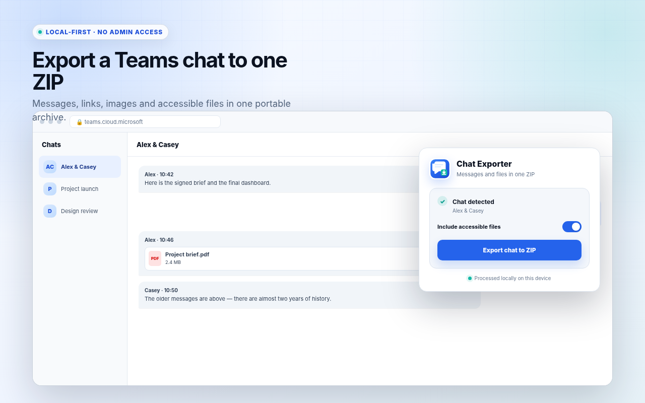 Chat Exporter popup beside an open Microsoft Teams conversation and a ZIP file tree